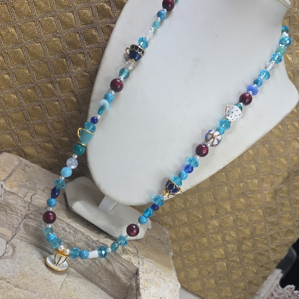 Alice In Wonderland Enamel Teacups Wedding Cake Necklace Crystal